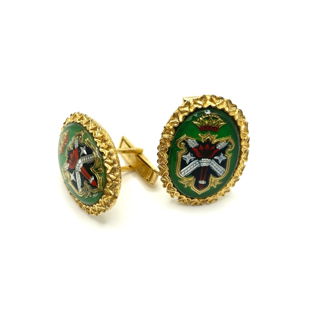 Vintage 1950s Swank Gold and Green Crest Cuff Links
